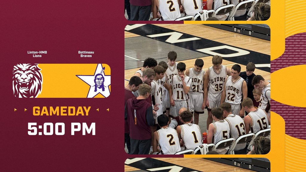 🦁 LION PRIDE GAMEDAY 🦁 The Linton-HMB Lions tip off in the Semi-Final round of the BNC Bank Mandan Holiday Tournament against the Bottineau Braves. ⏰ 5:00 PM 📍 Mandan High School 🎥 Watch live on the PSP Network Bring the energy, wear maroon & gold, and cheer loud. Let’s go Lions! 🏀