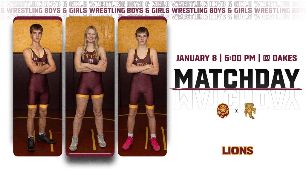 Boys & Girls Wrestling Tonight! 🤼‍♂️🤼‍♀️ The Linton-HMB Lions are on the road for a wrestling dual at Oakes. 🗓 Tonight ⏰ 6:00 PM  Good luck to our wrestlers! 🦁