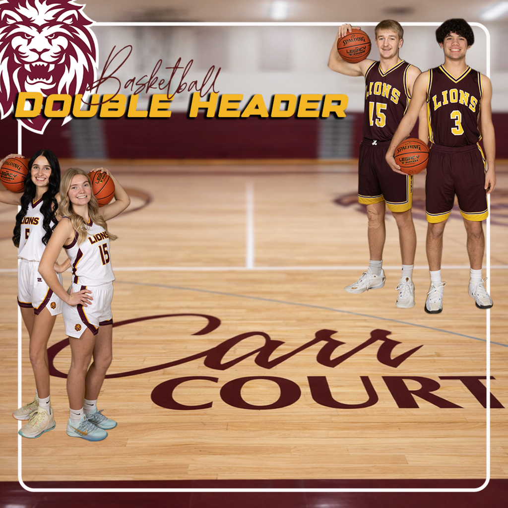 Carr Court floor image, with 2 girls basketball player, 2 boys basketball players, Lion basketball double header