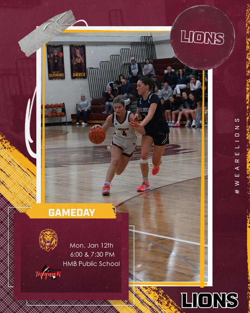 Promotional gameday graphic for Linton Lions girls basketball. Two players are shown in action on a gym floor, with a Linton player in a white Lions jersey dribbling the basketball while being defended by an opposing player in a dark uniform. The design features maroon and gold accents, a Lions logo, and the word “GAMEDAY.” Text on the graphic reads: “Mon. Jan 12th, 6:00 & 7:30 PM, HMB Public School,” with the opposing team logo displayed.