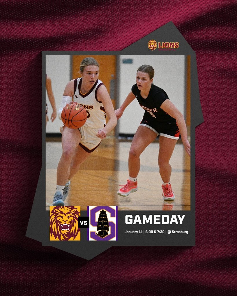 Gameday graphic for Linton Lions girls basketball showing a Linton player in a white Lions uniform dribbling the basketball while being defended by an opposing player in a black uniform on a gym court. The background features maroon fabric texture and a layered graphic frame. At the bottom, the Lions logo appears versus the Strasburg logo, alongside text reading: “GAMEDAY — January 12 | 6:00 & 7:30 | @ Strasburg.”