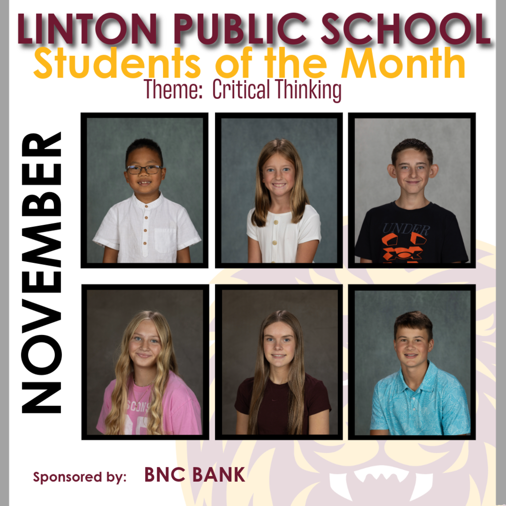 November – Critical Thinking Students who pushed beyond surface-level learning by asking questions and thinking deeply. 👏 Liam Alvaro, Isabella Roehrich, Riley Job, Helen Janczewski, Katelyn Vetter, Philip Schuetzle
