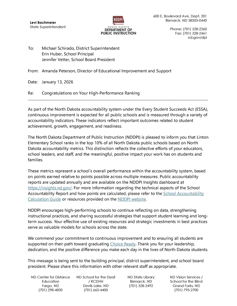 NDDPI Letter informing Linton that they rank in the top 10% of all North Dakota public schools. 