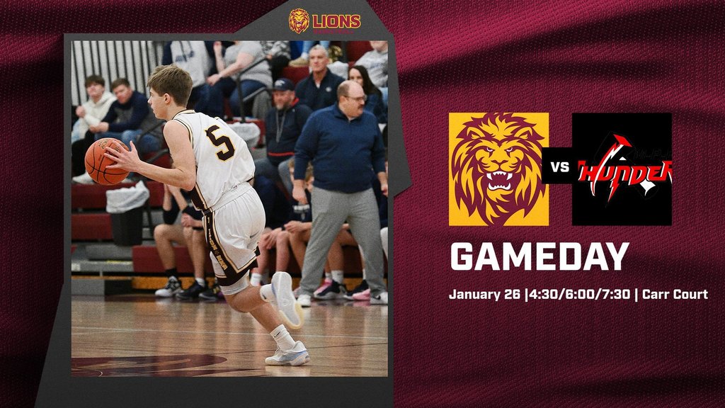 Graphic announcing Boys Basketball Gameday at Carr Court in Linton. The Linton-HMB Lions play at home against the Medina-PB Thunder. Junior High begins at 4:30 PM with six quarters, Junior Varsity at 6:00 PM, and Varsity at 7:30 PM. Team colors are blue and gold.