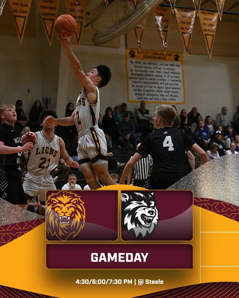 “Boys basketball game day graphic for the Linton-HMB Lions versus the Kidder County Wolves in Steele. Game times are junior high at 4:30 PM, junior varsity at 6:00 PM, and varsity at 7:30 PM. The game is available to watch on the NFHS Network.”