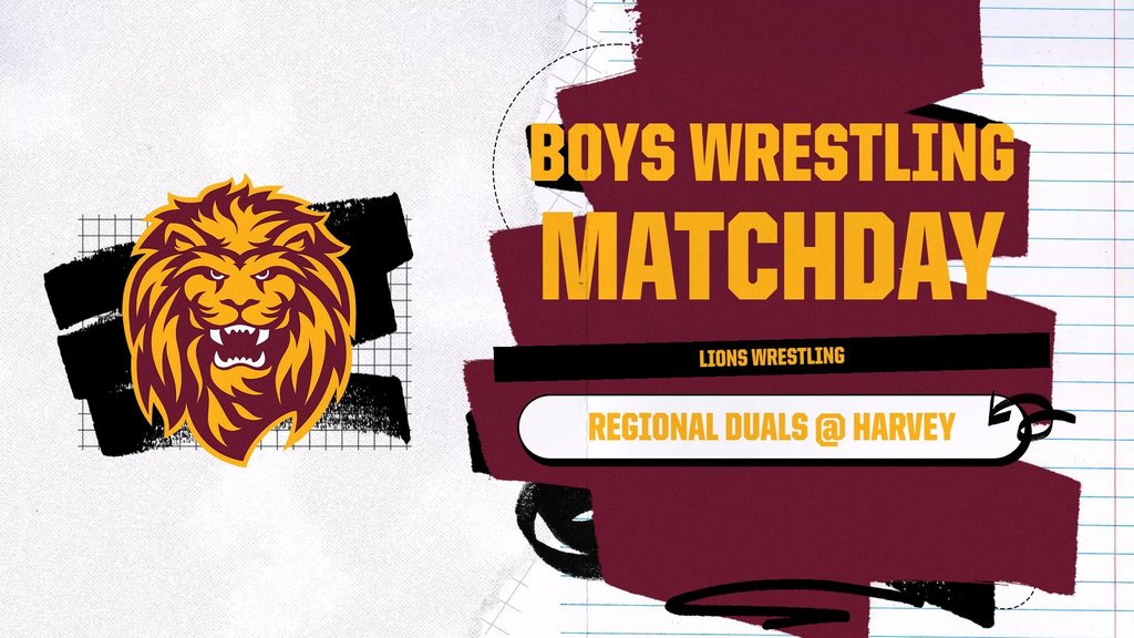“Boys wrestling regional duals game day graphic wishing good luck to the Linton-HMB Lions as they compete today in Harvey.”