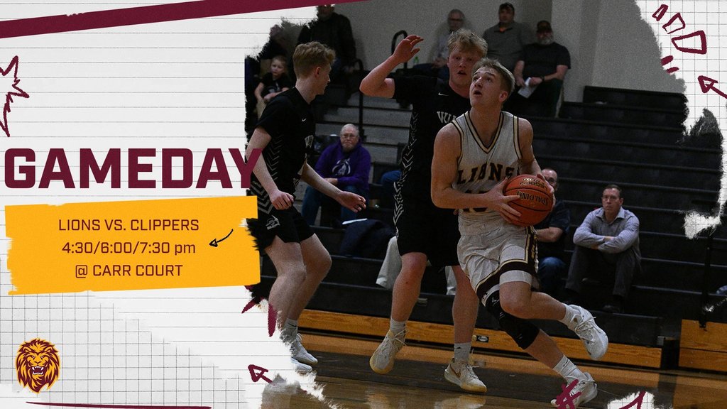 “Boys basketball game day graphic for the Linton-HMB Lions versus the Strasburg-Zeeland Clippers at Carr Court in Linton. Game times are junior high at 4:30 PM, junior varsity at 6:00 PM, and varsity at 7:30 PM. The game is available to watch on the NFHS Network.”