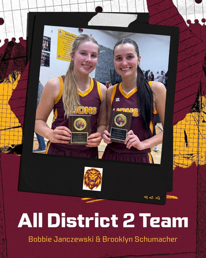Graphic recognizing District 2 honors for the Linton-HMB Lady Lions. The image features Bobbi Janczewski and Brooklyn Schumacher named to the All-District 2 Tournament Team. The design uses maroon and gold school colors and includes a Lions logo.