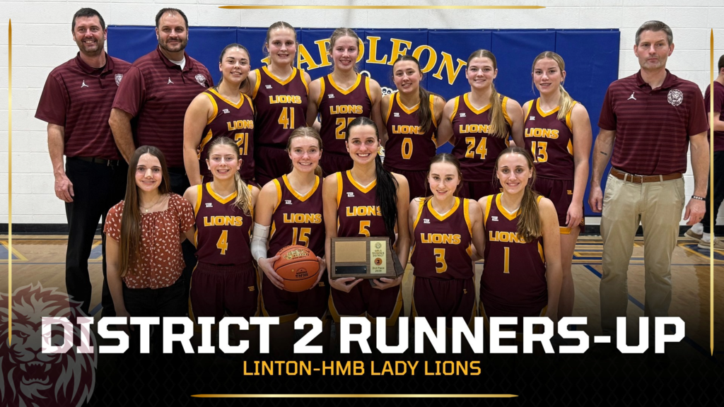 Graphic recognizing District 2 honors for the Linton-HMB Lady Lions. The image features Bobbi Janczewski and Brooklyn Schumacher named to the All-District 2 Tournament Team. The design uses maroon and gold school colors and includes a Lions logo.