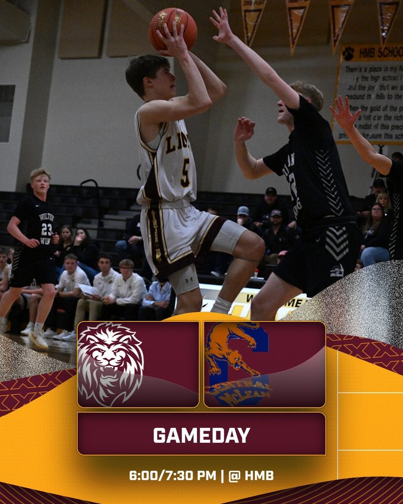 Game day graphic for boys basketball showing Linton-HMB Lions versus Central McLean Cougars. The game is hosted at HMB with JV starting at 6:00 PM and varsity at 7:30 PM. The graphic includes maroon and gold school colors, basketball imagery, and Lions branding.