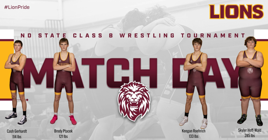 Short social media post supporting Linton-HMB Lions wrestlers competing on Day 2 of the ND State Class B Wrestling Tournament at the FargoDome in Fargo, North Dakota.