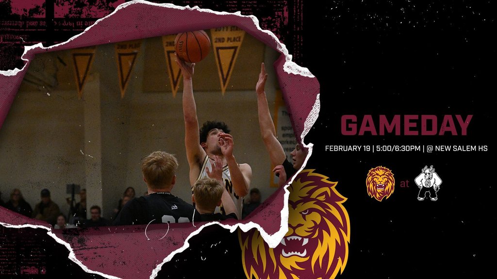 Graphic promoting a boys basketball game. Text reads: “BOYS BASKETBALL GAMEDAY! Linton-HMB Lions at New Salem Holsteins. Junior Varsity game at 5:00 PM. Varsity game at 6:30 PM. Watch live on the NFHS Network. Go Lions!”