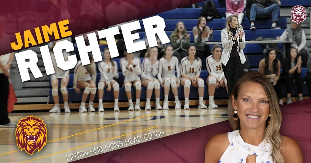 Graphic announcing Jaime Richter as Linton-HMB Lions Head Coach. The background shows a volleyball team seated on the bench in a gym with blue bleachers, while Coach Richter stands on the sideline clapping and coaching during a game. Large bold text reads “JAIME RICHTER” across the top left. The Linton-HMB Lions logo appears on the bottom left and top right corners. A professional headshot of Jaime Richter is featured on the right side of the graphic.