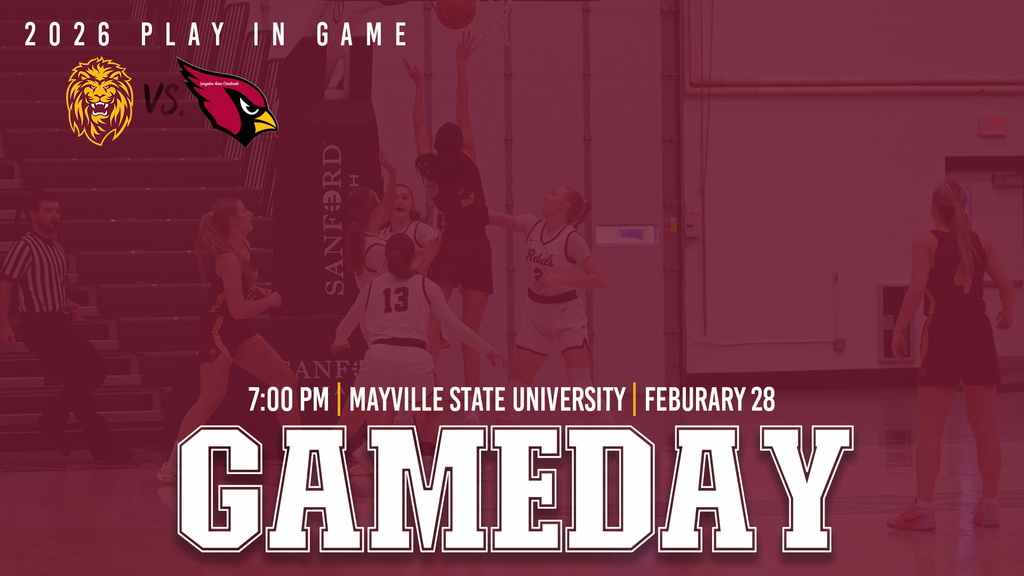 Graphic for the 2026 Play-In Game featuring the Linton-HMB Lions versus the Langdon Area Cardinals. The design has a red overlay with an action photo in the background of a girls basketball player going up for a shot near the basket while defenders contest underneath the hoop. At the top, white text reads “2026 PLAY IN GAME.” On the left is the Lions logo, and on the right is the Cardinals logo with “vs.” between them. Across the middle, text reads “7:00 PM | Mayville State University | February 28.” Large bold white letters at the bottom say “GAMEDAY.”