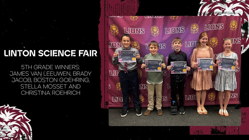 🔬🏆 Congratulations to Our Linton Science Fair Winners! 🏆🔬  These students will advance to the Regional Science Fair in Bismarck on March 16th — and we can’t wait to see you represent Linton on the next stage!  Good luck at regionals! 5th grade winners:  james vanleeuwen, brady jacob, boston goehring, stella mosset & christina roehrich