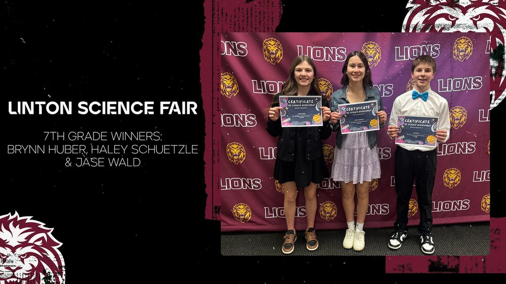 🔬🏆 Congratulations to Our Linton Science Fair Winners! 🏆🔬  These students will advance to the Regional Science Fair in Bismarck on March 16th — and we can’t wait to see you represent Linton on the next stage!  Good luck at regionals! winners for 7th grade:  brynn huber, haley schuetzle, jase wald