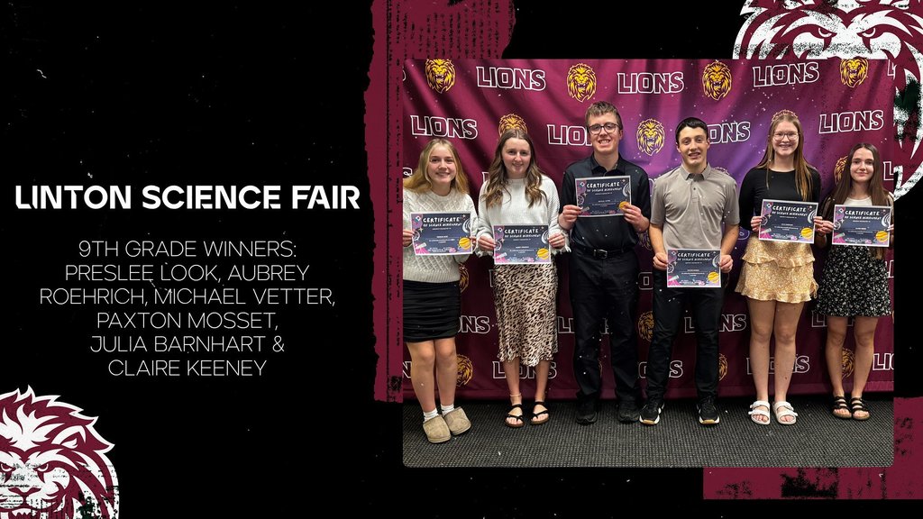 🔬🏆 Congratulations to Our Linton Science Fair Winners! 🏆🔬  These students will advance to the Regional Science Fair in Bismarck on March 16th — and we can’t wait to see you represent Linton on the next stage!  Good luck at regionals! presley, aubrey, michael, paxton, julia & claire were the freshman winners