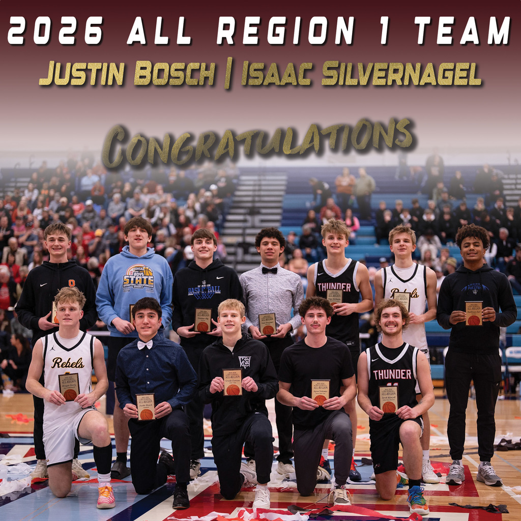 Graphic recognizing Region 1 All-Region Team selections Isaac Silvernagel and Justin Bosch of the Linton-HMB Lions for their outstanding performance during the basketball season.