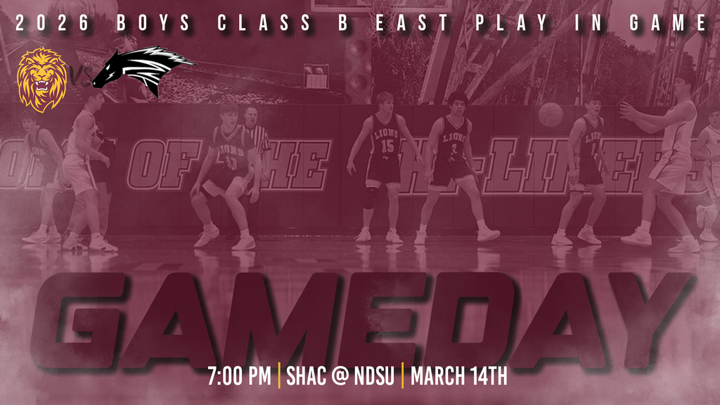 Graphic promoting the 2026 Boys Class B East Play-In Game featuring the Linton-HMB Lions versus Nelson County. The design has a maroon overlay with a background photo of Lions basketball players on defense on the court. Team logos for the Lions and the Nelson County Chargers appear near the top with “VS” between them. Large bold text reads “GAMEDAY,” and game details at the bottom list 7:00 PM | SHAC @ NDSU | March 14th.