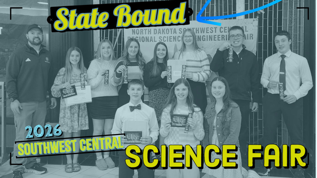 A group of students and two adults pose together at the 2026 Southwest Central Regional Science Fair, holding awards and ribbons. A bold graphic overlay reads “State Bound” at the top and “2026 Southwest Central Science Fair” at the bottom, highlighting their achievement of advancing to the state competition.