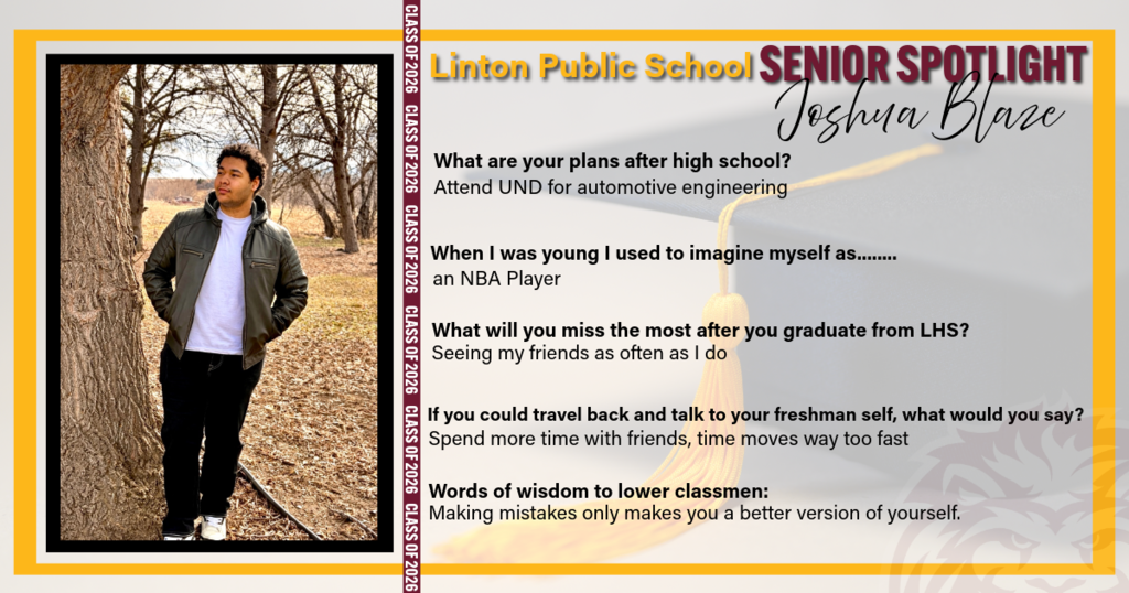 A Senior Spotlight graphic for Linton Public School featuring Joshua Blaze. The graphic includes his photo along with highlights about his future plans, personal reflections, and advice to underclassmen.