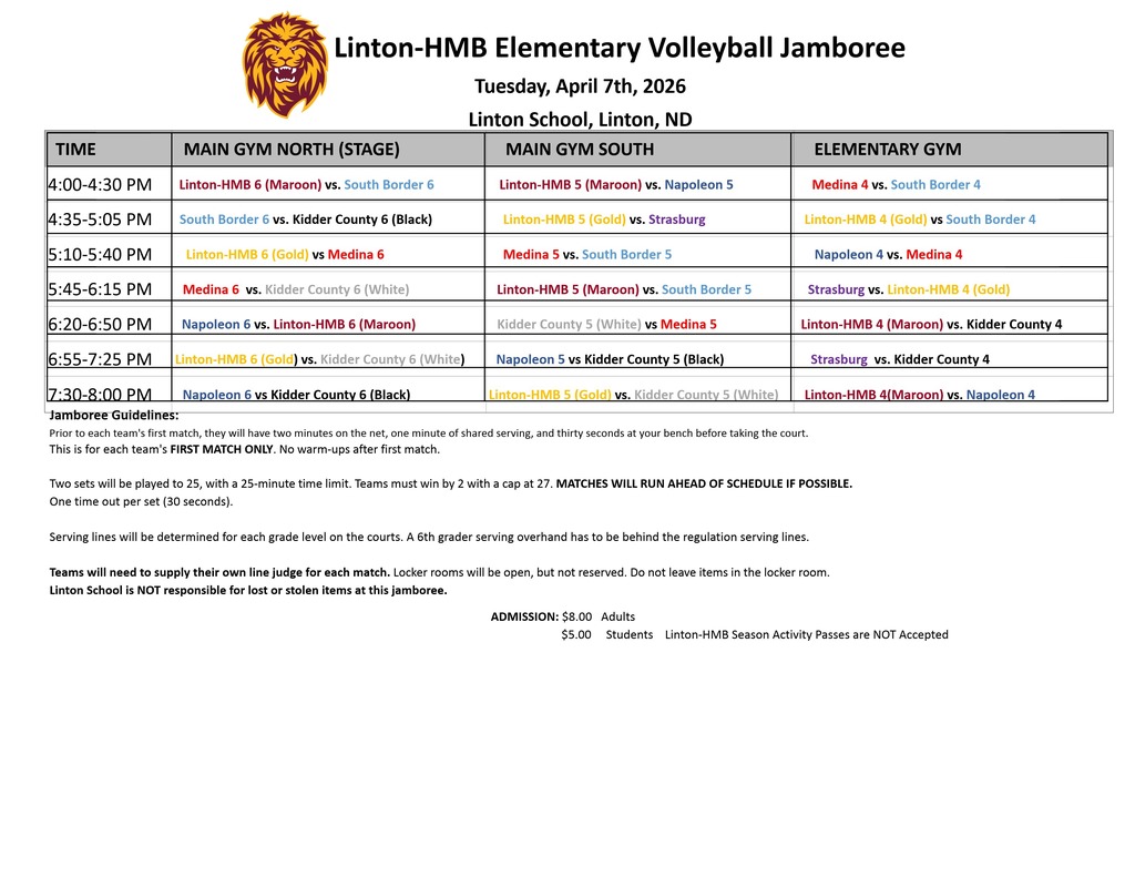 This image shows a detailed schedule for the Linton-HMB Elementary Volleyball Jamboree held on Tuesday, April 7, 2026, at Linton School in Linton, North Dakota. Games begin at 4:00 PM and run in 30-minute intervals until 8:00 PM. Matches take place simultaneously on three courts: Main Gym North (Stage), Main Gym South, and the Elementary Gym. Teams participating include Linton-HMB (Maroon and Gold teams for grades 4–6), South Border, Medina, Napoleon, Kidder County (Black and White teams), and Strasburg. Each time slot lists three matches, one per court. The schedule rotates teams throughout the evening so each team plays multiple matches. Additional jamboree guidelines included: Each team gets a short warm-up before their first match only. Matches consist of two sets to 25 points with a 25-minute time limit. Teams must win by 2 points, capped at 27. One 30-second timeout per set is allowed. Teams must provide a line judge. Locker rooms are available but not supervised; the school is not responsible for lost items. Admission is $8 for adults and $5 for students. Activity passes are not accepted.