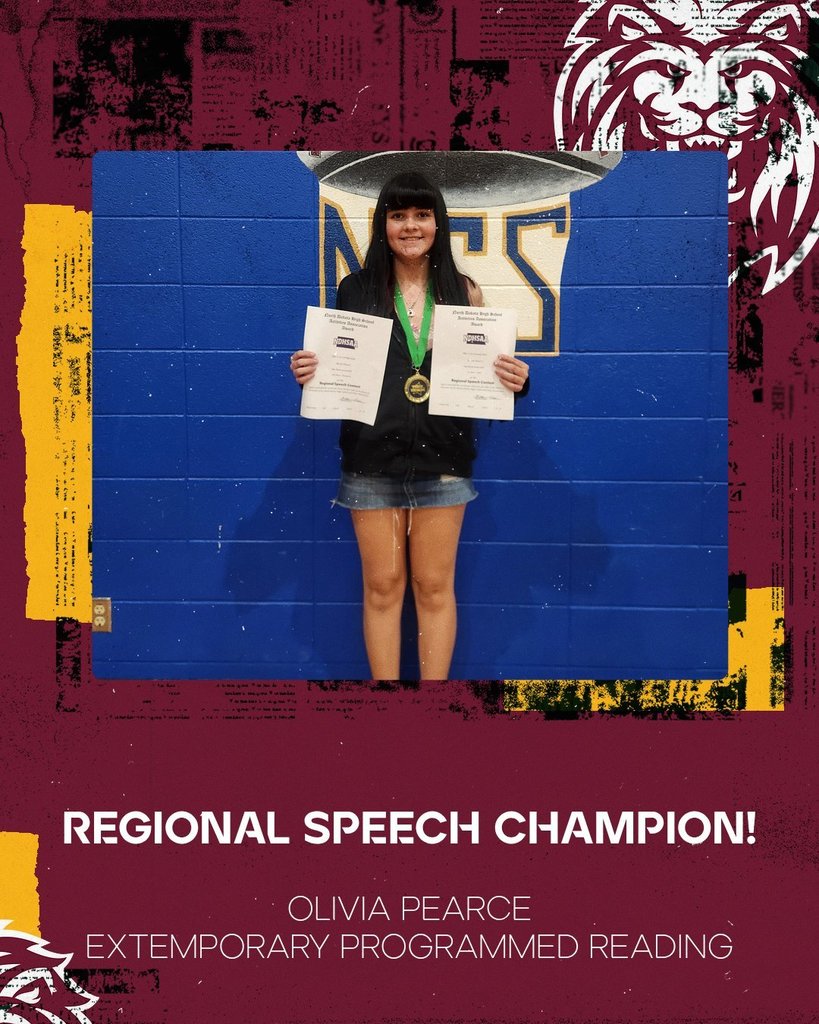 Graphic celebrating Linton Lions Speech team regional champions and state qualifiers. Olivia Pearce earned first place in Extemporaneous Programmed Reading. Aleena Dawes and Regan Janczewski earned first place in Humorous Duo. All three students are advancing to the NDHSAA State Speech Tournament.