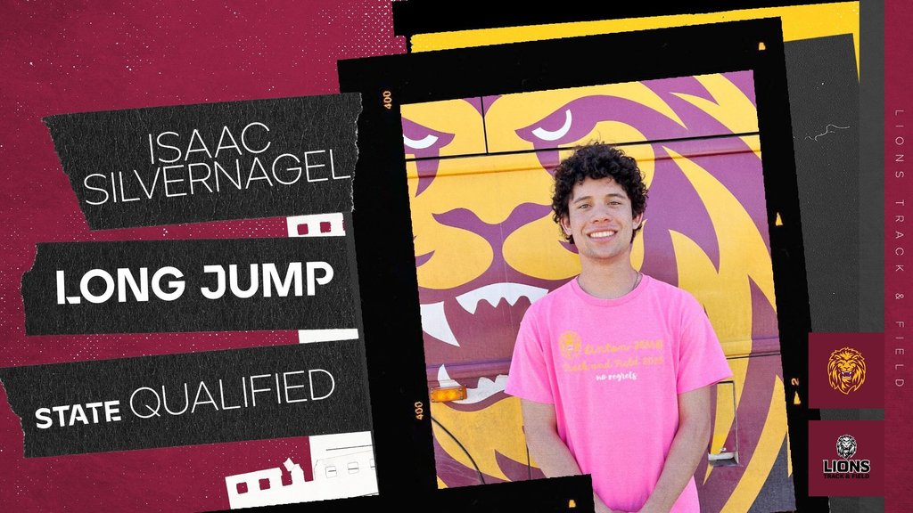 A track and field graphic featuring Isaac Silvernagel smiling and standing in front of a large lion mascot graphic on a bus. He is wearing a bright pink Linton-HMB Track and Field shirt. The design includes bold text reading “Isaac Silvernagel,” “Long Jump,” and “State Qualified,” along with Lions track and field logos and maroon and gold team colors.