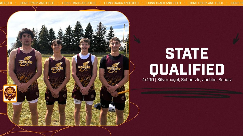 Four male high school track athletes wearing maroon Linton-HMB uniforms stand side by side on a track field with trees in the background. A graphic on the right reads “STATE QUALIFIED” with the text “4x100 | Silvernagel, Schuetzle, Jochim, Schatz,” surrounded by Lions Track and Field branding.