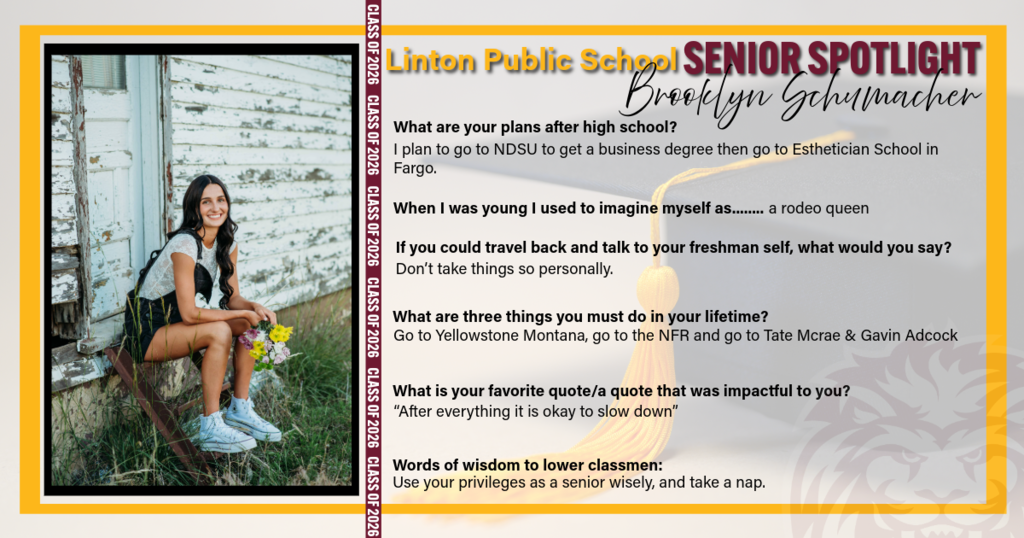 A Senior Spotlight graphic for Linton Public School featuring Brooklyn Schumacher. The graphic includes her photo along with highlights about her future plans, personal reflections, and advice to underclassmen.
