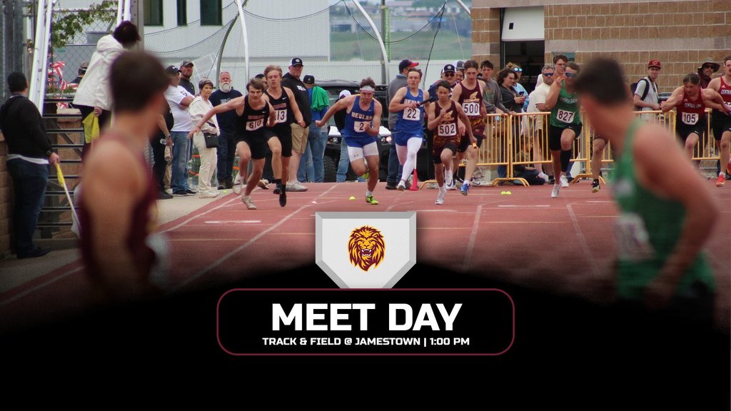 Graphic promoting a Linton Lions Track & Field meet day. Text states that the meet is in Jamestown and begins at 1:00 PM, followed by a message wishing the Lions good luck.