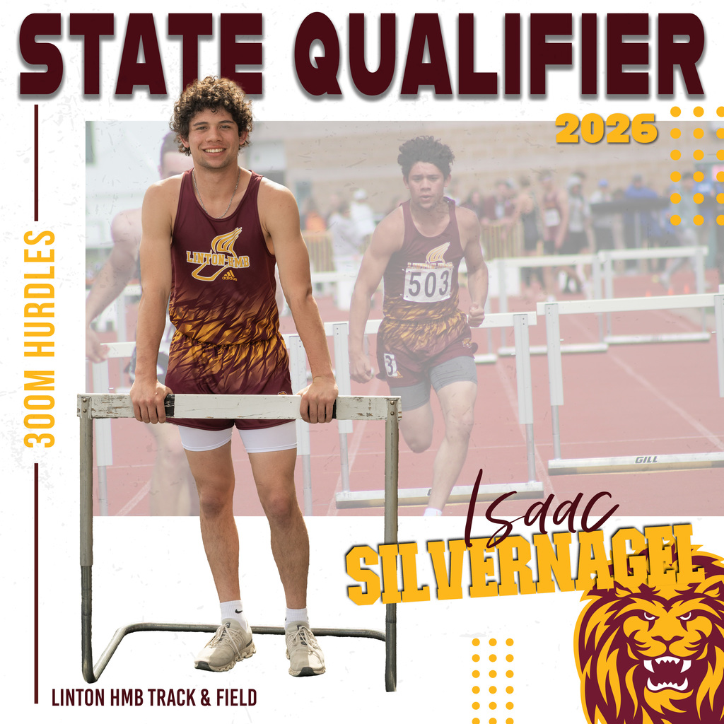 Social media graphic celebrating a Linton-HMB Track & Field athlete as a 2026 State Qualifier in the 300-meter hurdles. The design features Issac Silbernagel standing and smiling while holding a hurdle in the foreground, wearing a maroon and gold Linton-HMB uniform. A faded action photo of him running hurdles appears in the background. Large maroon text at the top reads “STATE QUALIFIER,” with “2026” in gold on the right side. Vertical gold text on the left reads “300M HURDLES.” His name, “Issac Silbernagel,” is displayed in large gold and maroon lettering near the bottom right beside a lion mascot logo. “Linton HMB Track & Field” appears along the bottom left.