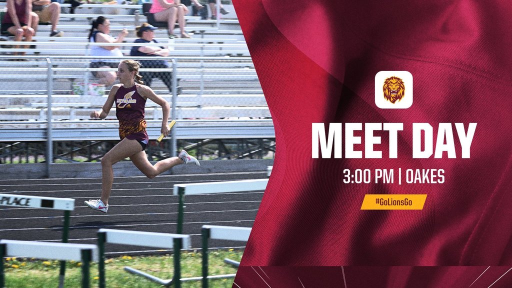 Graphic with a blue and gold school-themed design announcing a Linton Lions track and field meet day. Text reads: “Meet Day Today at Oakes, 3:00 PM.” Includes track and field imagery and Linton Lions branding.