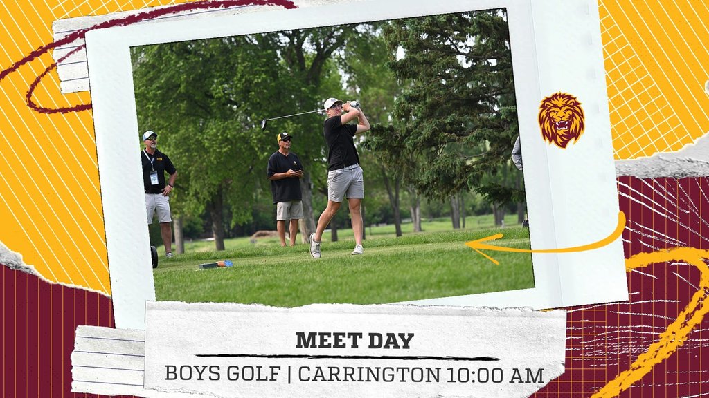 Graphic featuring a Linton Lions boys golfer swinging during a golf meet. The design includes maroon, gold, and white school colors with “Meet Day” text and event details reading: “Boys Golf | Carrington | 10:00 AM.” The Linton Lions logo appears on the right side of the graphic.