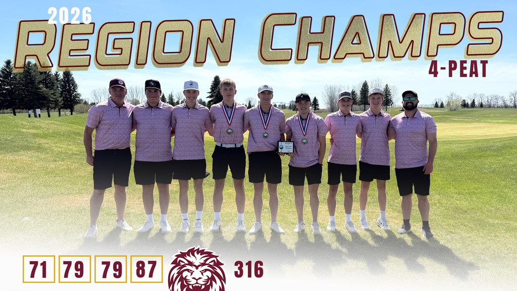 A high school boys golf team poses together on a sunny golf course after winning the 2026 Region Championship. The graphic features large gold lettering reading “2026 REGION CHAMPS” with “4-PEAT” in maroon on the right side. Eight players and coaches stand shoulder to shoulder wearing matching light pink golf polos and black shorts. Three athletes wear medals, and one holds the Region Championship plaque. At the bottom of the graphic, the team’s top scores are displayed as 71, 79, 79, and 87 alongside a lion logo and the winning team score of 316.