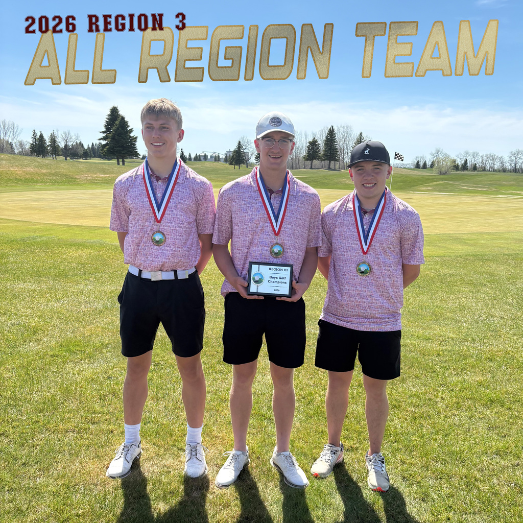 Three high school boys golfers stand together on a sunny golf course wearing matching light pink golf polos, black shorts, and medals around their necks after earning 2026 Region 3 All-Region Team honors. Large gold lettering across the top reads “2026 REGION 3 ALL REGION TEAM.” The golfer in the center holds a Region III Boys Golf Champions plaque while the other two stand beside him smiling. Trees, fairways, and a clear blue sky fill the background.