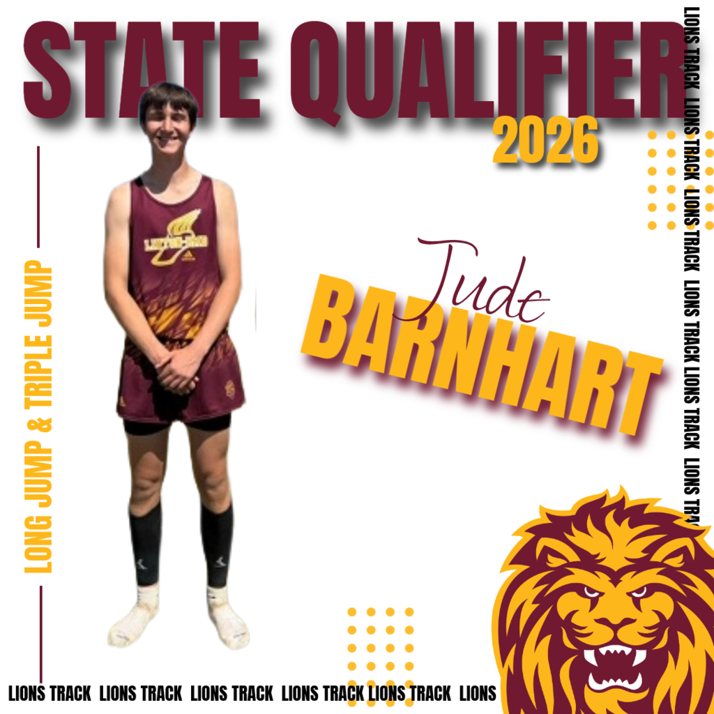 Graphic honoring Linton athlete Jude Barnhart for qualifying for the State Track & Field Meet in the Triple Jump and Long Jump. The image includes school colors, celebratory wording, and track-and-field graphics.