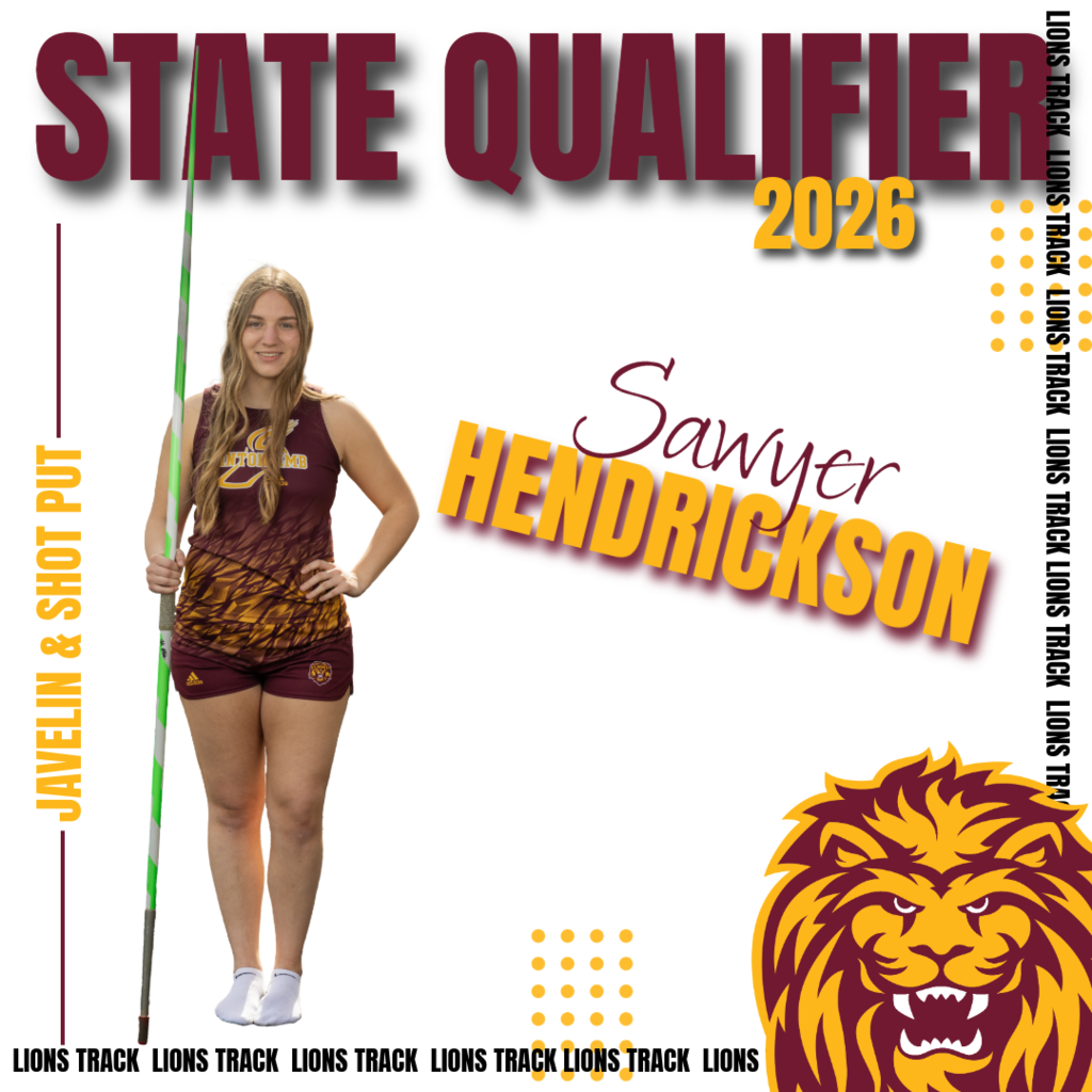 Graphic recognizing Linton athlete Sawyer Hendrickson for qualifying for the State Track & Field Meet in the Javelin and Shot Put events. The design features school colors, congratulatory text, and track-and-field themed graphics.