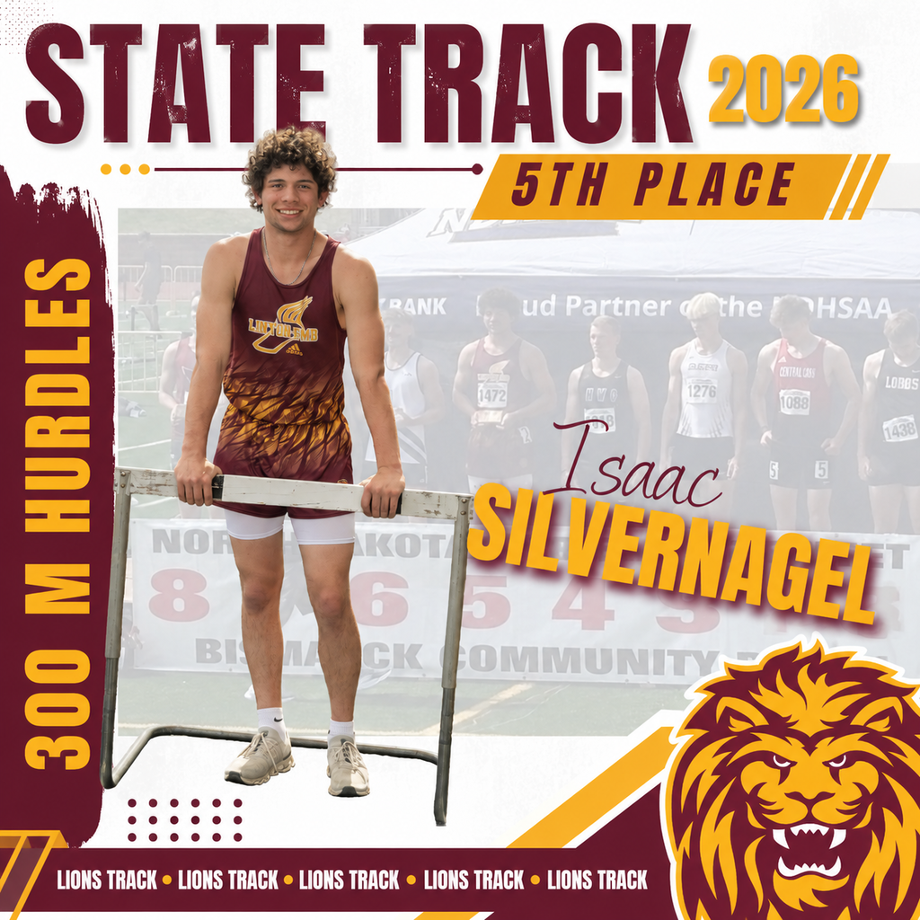 A state track recognition graphic featuring Linton/HMB athlete Isaac Silvernagel standing with a hurdle in his track uniform. Text on the graphic reads: “State Track 2026,” “5th Place,” “300 M Hurdles,” and “Isaac Silvernagel.” The graphic celebrates his 5th place finish in the 300-meter hurdles at the North Dakota State Track Meet.