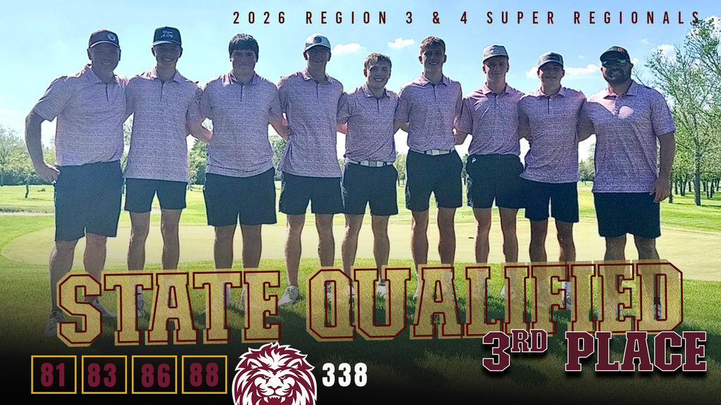 A hype-style golf graphic featuring the 2026 Region 3 & 4 Super Regionals team photo on a sunny golf course. Nine golfers and coaches wearing matching light purple polos stand together on the green. Large bold text across the bottom reads “STATE QUALIFIED” with “3RD PLACE” highlighted to the side. The team score of 338 is displayed next to a lion logo, while individual scores of 81, 83, 86, and 88 appear in gold-outlined score boxes along the bottom left. The bright blue sky and green course create a championship atmosphere celebrating the team’s qualification for the State Tournament.