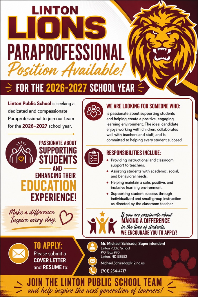 maroon and gold graphic advertising a paraprofessional position at linton public school 