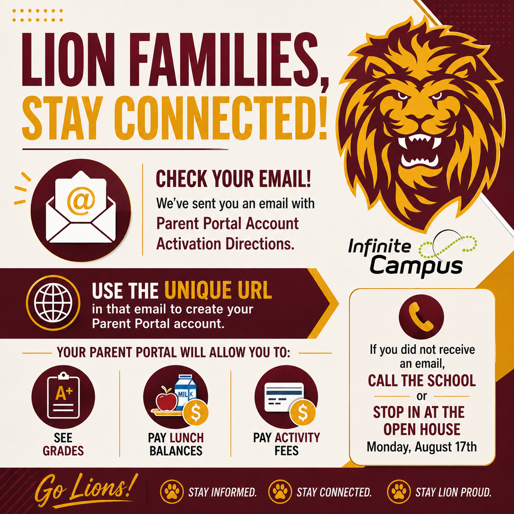 Linton Public School Infinite Campus Parent Portal graphic in maroon and gold. Families are reminded to check their email for account activation directions and use their unique URL to create a Parent Portal account. The portal allows families to view grades, pay lunch balances, and pay activity fees. Families who did not receive an email should call the school or stop in at the Open House on Monday, August 17.