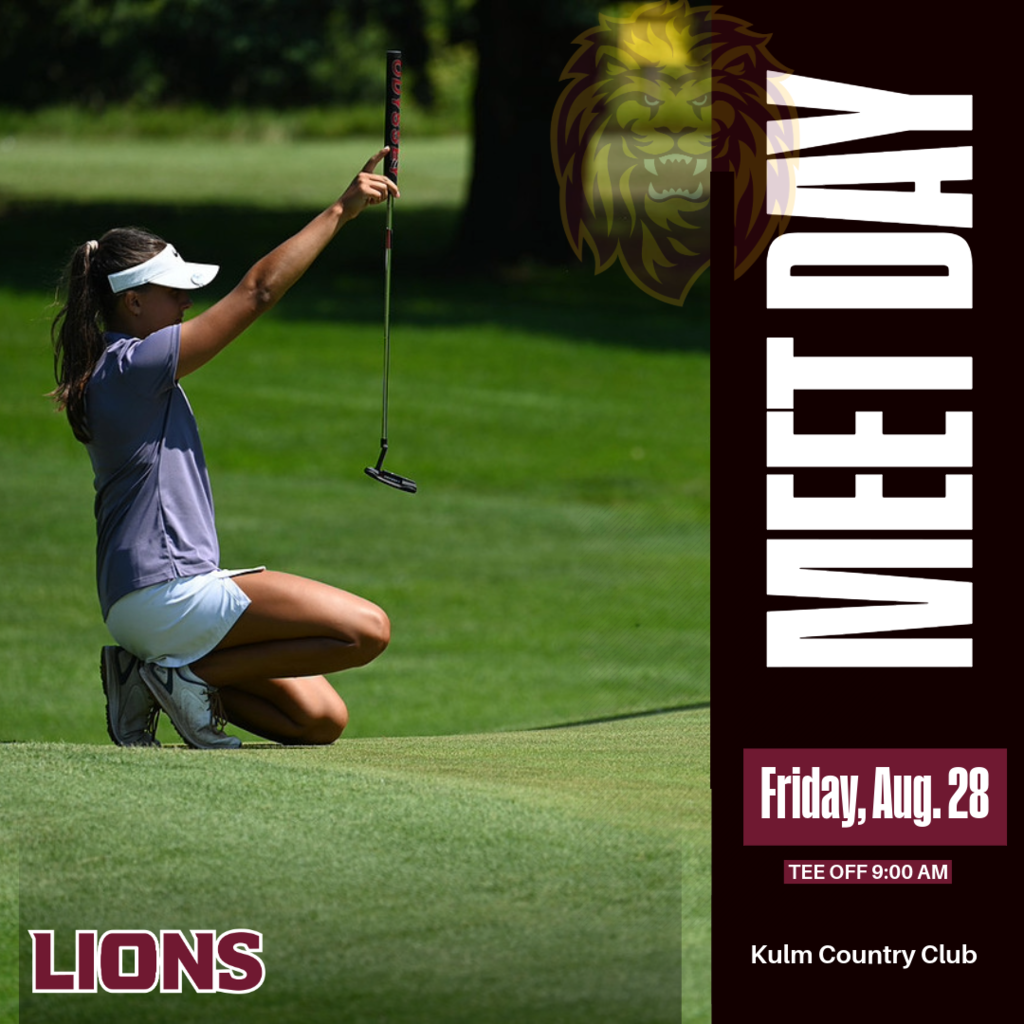 Linton Lions girls golf meet day graphic featuring a female golfer on a golf course holding a putter. Text reads: “MEET DAY,” “Friday, Aug. 28,” “Tee Off 9:00 AM,” and “Kulm Country Club.” The graphic announces the Linton girls golf qualifying meet.