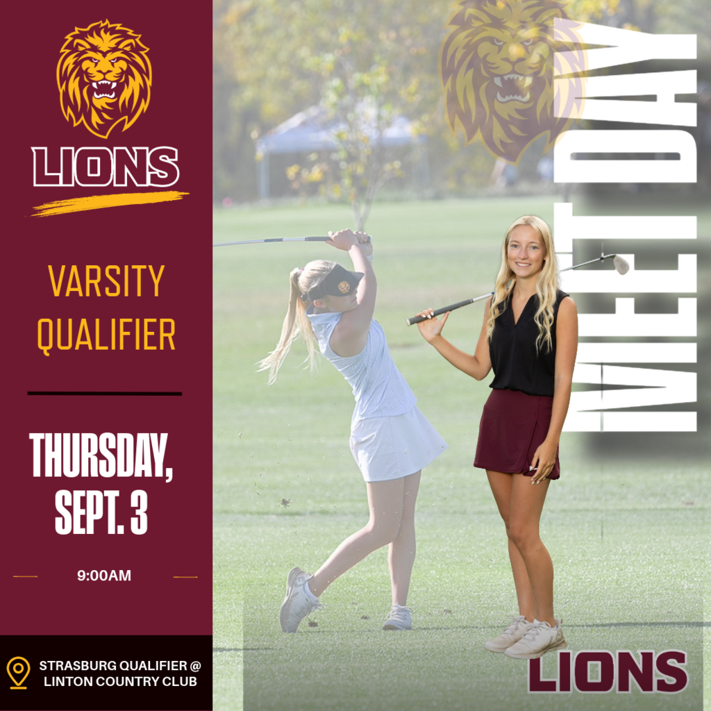 Graphic announcing a Linton Lions varsity golf qualifier. The event is Thursday, September 3, at 9:00 a.m. at Linton Country Club. The graphic features the Linton Lions logo and a photo of a female golfer on a golf course.
