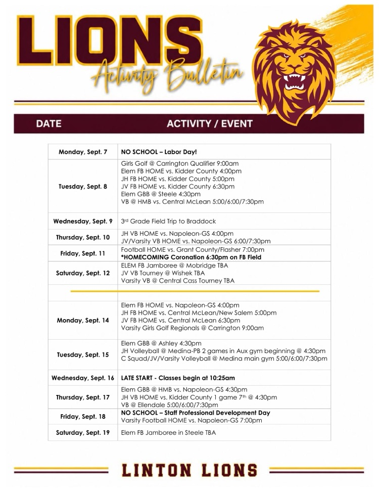 lions. 2 week activity bulletin