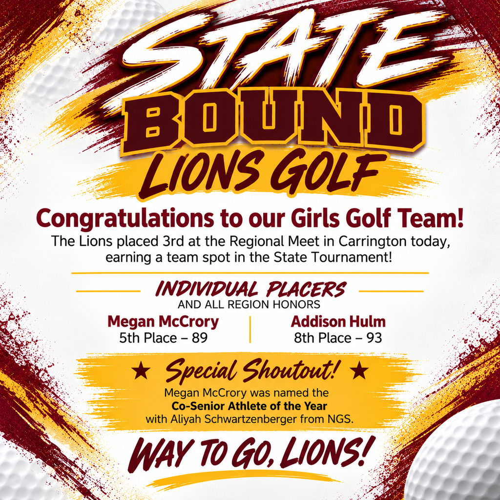 🏆🦁 STATE BOUND, LIONS! 🦁🏆 Congratulations to our Linton-HMB Girls Golf Team on an incredible day at the Regional Meet in Carrington! The Lions finished 3rd as a team, earning a team spot in the State Tournament! ⛳️💛 👏 All-Region Honors: • Megan McCrory – 5th Place, 89 • Addison Hulm – 8th Place, 93 ⭐ Special shoutout to Megan McCrory, who was named Co-Senior Athlete of the Year alongside Aliyah Schwartzenberger of NGS! What an accomplishment for this team! Their hard work and dedication have earned them a trip to STATE! 🎉 Congratulations, Linton-HMB Lions! We are so proud of you! 🦁❤️💛 STATE BOUND! ⛳️🏆