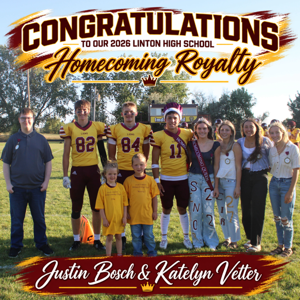 👑🦁 CONGRATULATIONS TO OUR 2026 HOMECOMING ROYALTY! 🦁👑 A huge congratulations to Justin Bosch and Katelyn Vetter, our 2026 Linton High School Homecoming King and Queen! ❤️💛
