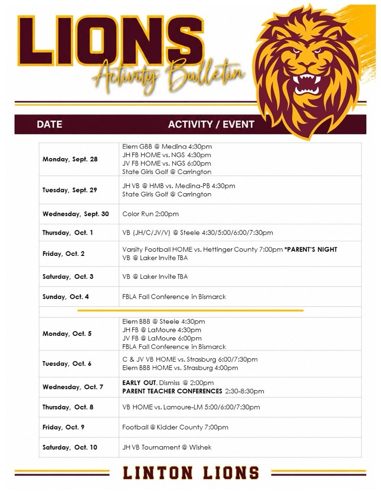 graphic for linton lions showing the activities for the next 2 weeks. these include elem bb, vb, football late starts