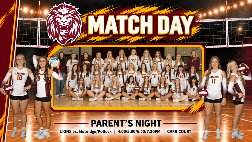 A volleyball match-day graphic for Linton-HMB Lions Parent’s Night. The graphic features a team photo of the volleyball players and coaches in the center, with individual player photos on both sides. The background shows an indoor volleyball court with maroon and gold accents and a Lions logo near the top. Text announces Parent’s Night, Lions versus Mobridge/Pollock, game times of 4:00 PM, 5:00 PM, 6:00 PM, and 7:30 PM, and the location as Carr Court.