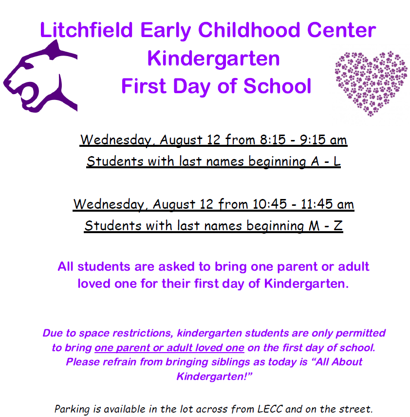 Information for KINDERGARTEN 1st Day of Attendance